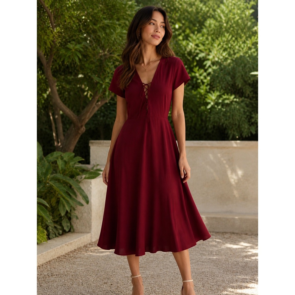 Red‎ V-Neck Lace Up Front Short Sleeve Midi Dress Flowy A-Line Maroon